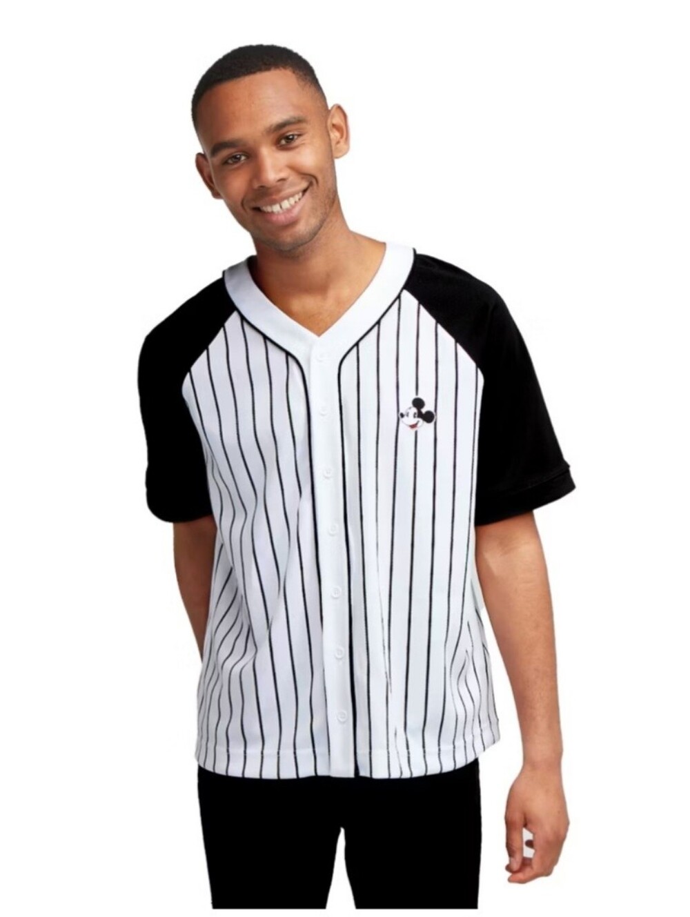 Men's Black & White  DISNEY Pinstripe Baseball Shirt with Mickey